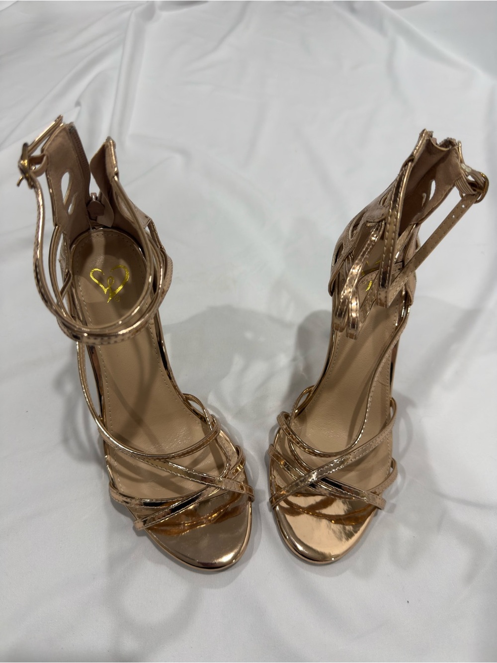Qupid Rose Gold Metallic Cutout Stiletto Heel Sandals Size 9.5